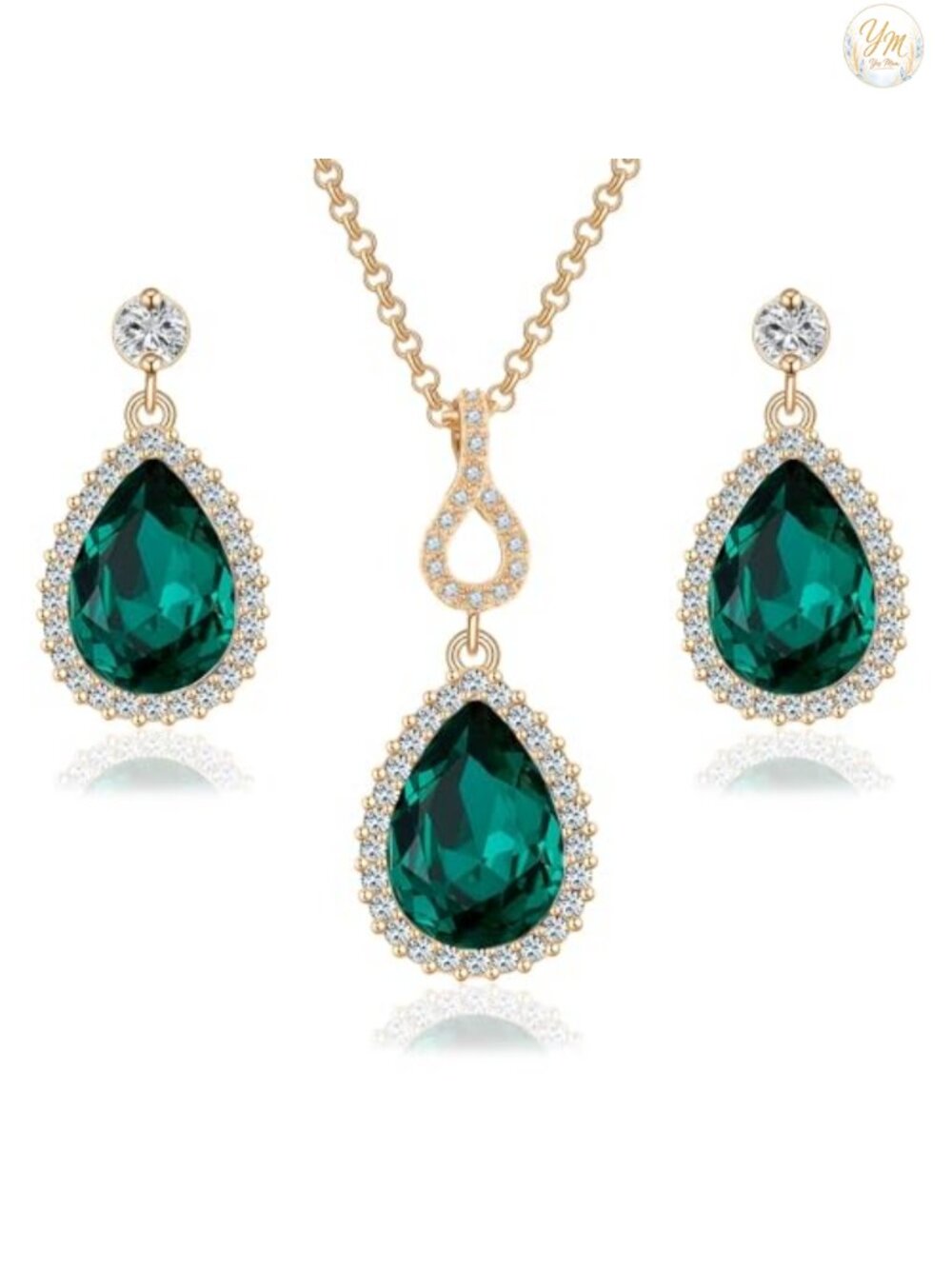 Austrian Crystal Teardrop Necklace and Earrings Set 14K Gold Plated